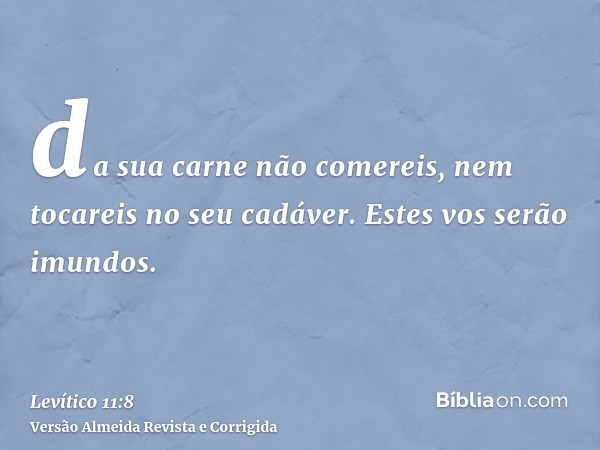 da sua carne não comereis, nem tocareis no seu cadáver. Estes vos serão imundos.