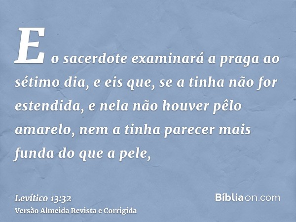 E o sacerdote examinará a praga ao sétimo dia, e eis que, se a tinha não for estendida, e nela não houver pêlo amarelo, nem a tinha parecer mais funda do que a 