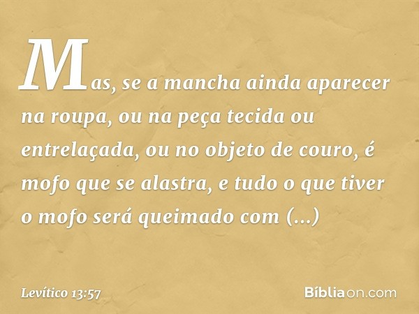 Mas, se a mancha ainda aparecer na roupa, ou na peça tecida ou entrelaçada, ou no objeto de couro, é mofo que se alastra, e tudo o que tiver o mofo será quei­ma