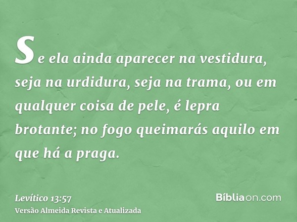 se ela ainda aparecer na vestidura, seja na urdidura, seja na trama, ou em qualquer coisa de pele, é lepra brotante; no fogo queimarás aquilo em que há a praga.