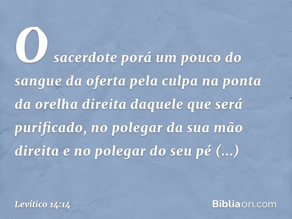 O sacerdote porá um pouco do sangue da oferta pela culpa na ponta da orelha direita daquele que será purificado, no polegar da sua mão direita e no polegar do s