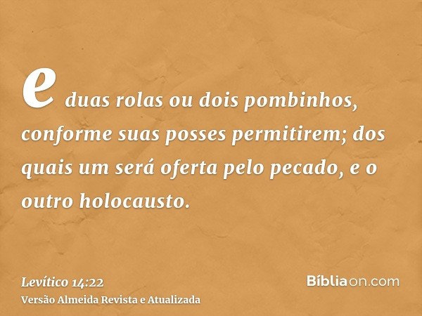 e duas rolas ou dois pombinhos, conforme suas posses permitirem; dos quais um será oferta pelo pecado, e o outro holocausto.