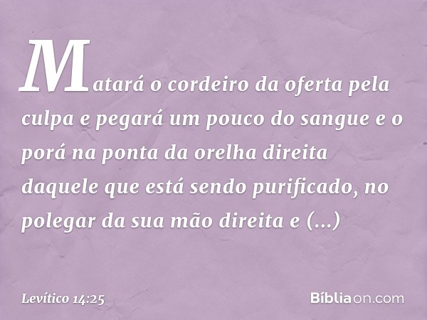 Matará o cordeiro da oferta pela culpa e pegará um pouco do sangue e o porá na ponta da orelha direita daquele que está sendo purifi­cado, no polegar da sua mão