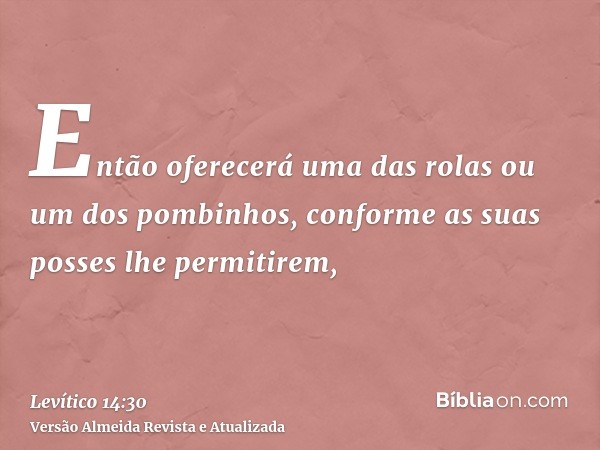 Então oferecerá uma das rolas ou um dos pombinhos, conforme as suas posses lhe permitirem,