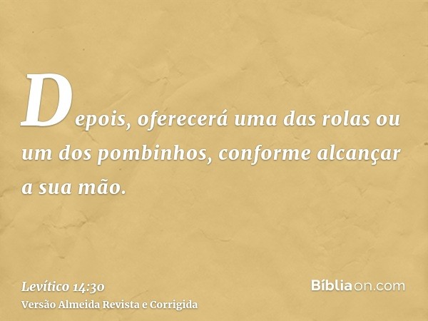 Depois, oferecerá uma das rolas ou um dos pombinhos, conforme alcançar a sua mão.