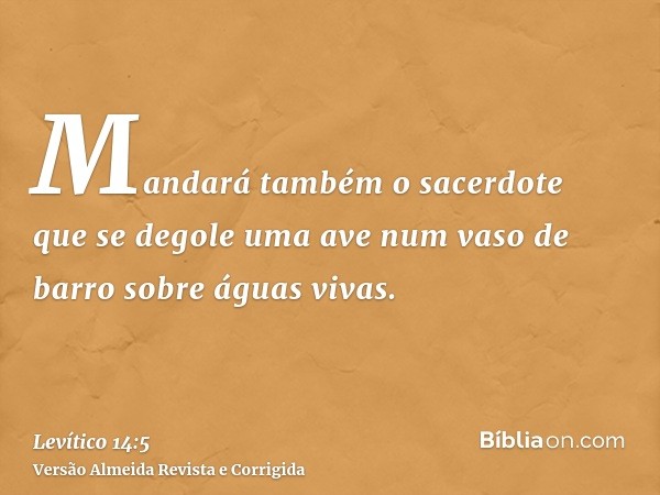 Mandará também o sacerdote que se degole uma ave num vaso de barro sobre águas vivas.