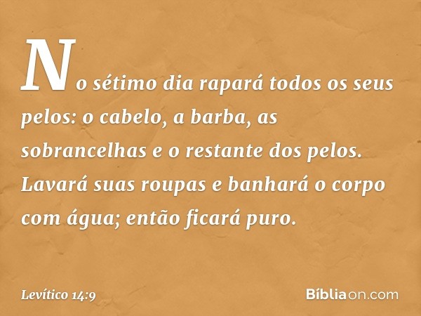 No sétimo dia rapará todos os seus pelos: o cabelo, a barba, as sobrancelhas e o restante dos pelos. Lavará suas roupas e banhará o corpo com água; então ficará