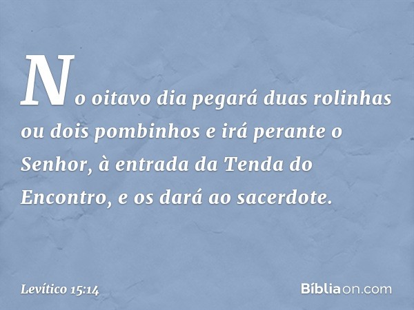 No oitavo dia pegará duas rolinhas ou dois pombinhos e irá perante o Senhor, à entrada da Tenda do Encontro, e os dará ao sacerdote. -- Levítico 15:14