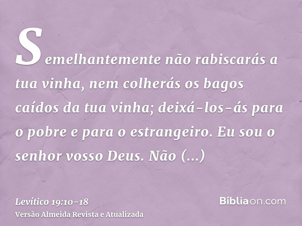 Semelhantemente não rabiscarás a tua vinha, nem colherás os bagos caídos da tua vinha; deixá-los-ás para o pobre e para o estrangeiro. Eu sou o senhor vosso Deu