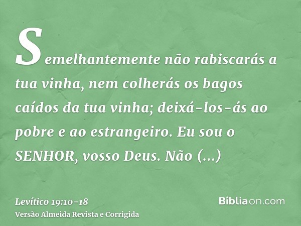 Semelhantemente não rabiscarás a tua vinha, nem colherás os bagos caídos da tua vinha; deixá-los-ás ao pobre e ao estrangeiro. Eu sou o SENHOR, vosso Deus.Não f