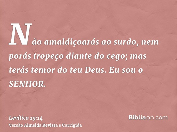 Não amaldiçoarás ao surdo, nem porás tropeço diante do cego; mas terás temor do teu Deus. Eu sou o SENHOR.