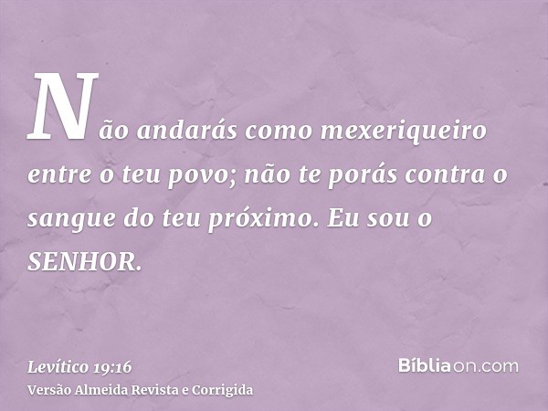 Não andarás como mexeriqueiro entre o teu povo; não te porás contra o sangue do teu próximo. Eu sou o SENHOR.