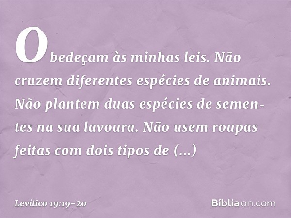 "Obedeçam às minhas leis.
"Não cruzem diferentes espécies de animais.
"Não plantem duas espécies de semen­tes na sua lavoura.
"Não usem roupas feitas com dois t