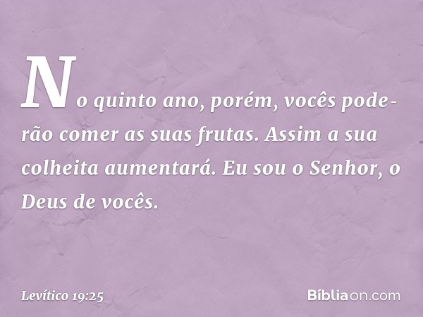 No quinto ano, porém, vocês pode­rão comer as suas frutas. Assim a sua colheita aumentará. Eu sou o Senhor, o Deus de vocês. -- Levítico 19:25