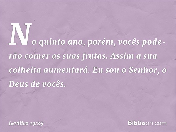 No quinto ano, porém, vocês poderão comer as suas frutas. Assim a sua colheita aumentará. Eu sou o Senhor, o Deus de vocês. -- Levítico 19:25