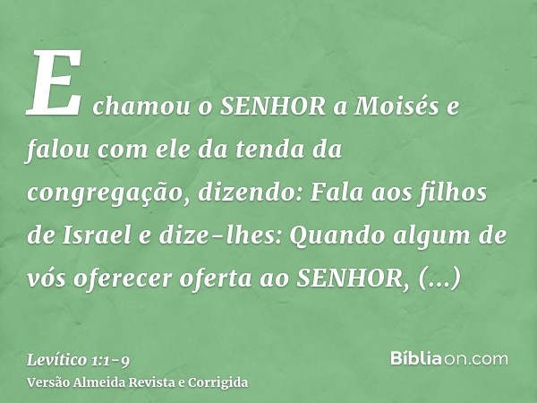 E chamou o SENHOR a Moisés e falou com ele da tenda da congregação, dizendo:Fala aos filhos de Israel e dize-lhes: Quando algum de vós oferecer oferta ao SENHOR