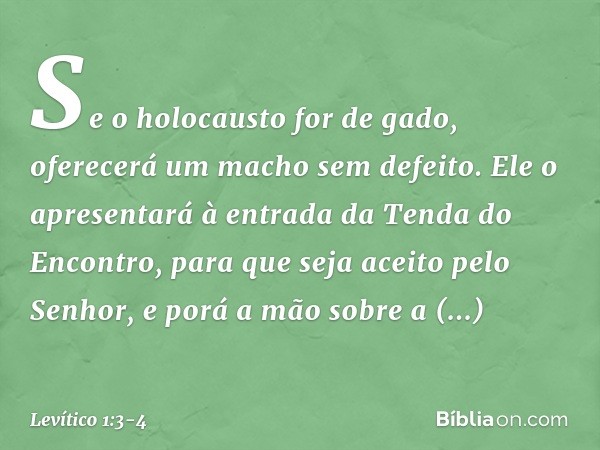 "Se o holocausto for de gado, oferecerá um macho sem defeito. Ele o apresentará à entrada da Tenda do Encontro, para que seja aceito pelo Senhor, e porá a mão s