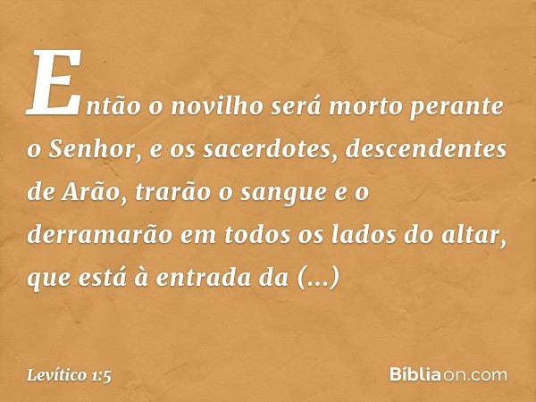 Então o novilho será morto perante o Senhor, e os sa­cerdotes, descendentes de Arão, trarão o sangue e o derramarão em todos os lados do altar, que está à entra