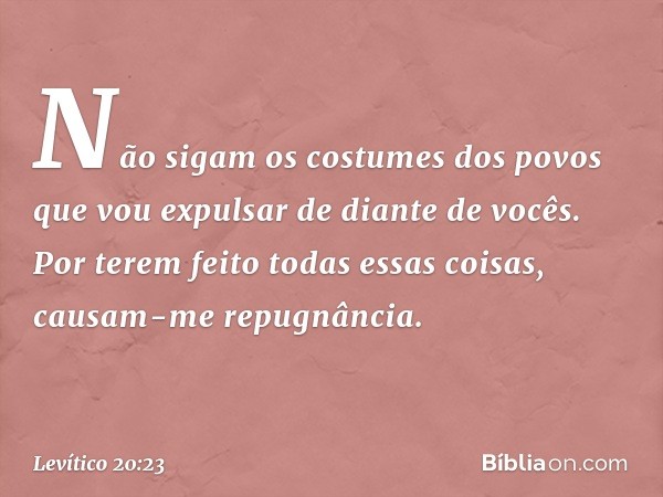 Não sigam os costumes dos povos que vou expulsar de diante de vocês. Por terem feito todas essas coisas, causam-me repugnância. -- Levítico 20:23