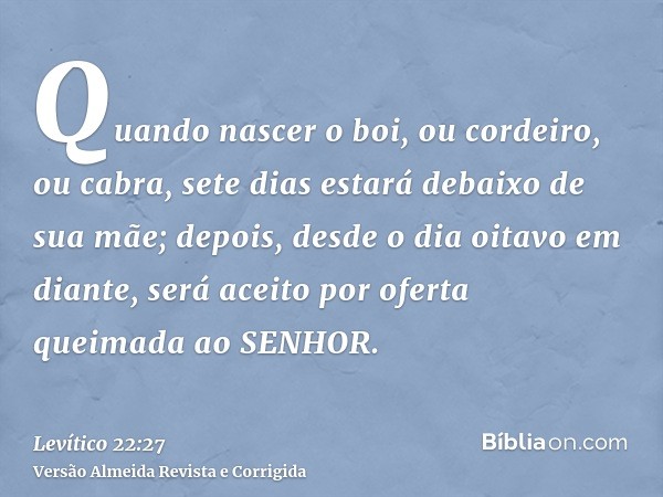 Quando nascer o boi, ou cordeiro, ou cabra, sete dias estará debaixo de sua mãe; depois, desde o dia oitavo em diante, será aceito por oferta queimada ao SENHOR