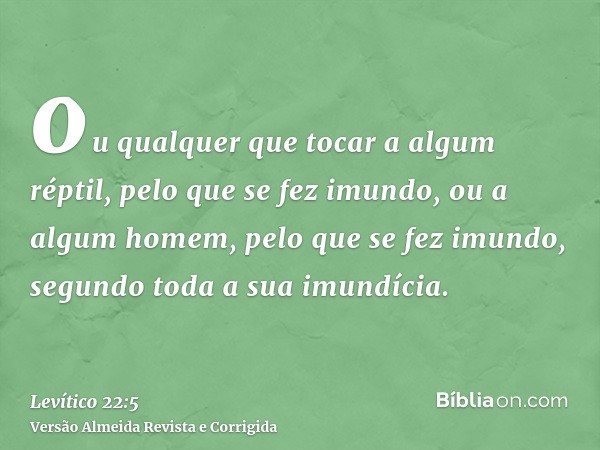 ou qualquer que tocar a algum réptil, pelo que se fez imundo, ou a algum homem, pelo que se fez imundo, segundo toda a sua imundícia.