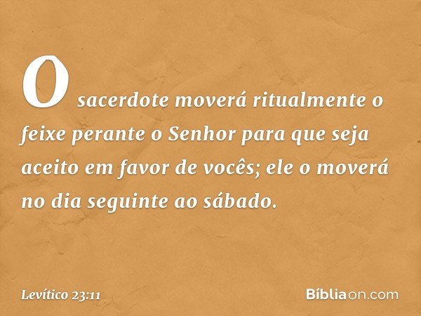 O sacerdote moverá ritualmente o feixe perante o Senhor para que seja aceito em favor de vocês; ele o moverá no dia seguinte ao sábado. -- Levítico 23:11