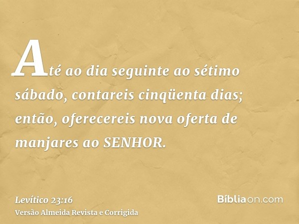 Até ao dia seguinte ao sétimo sábado, contareis cinqüenta dias; então, oferecereis nova oferta de manjares ao SENHOR.