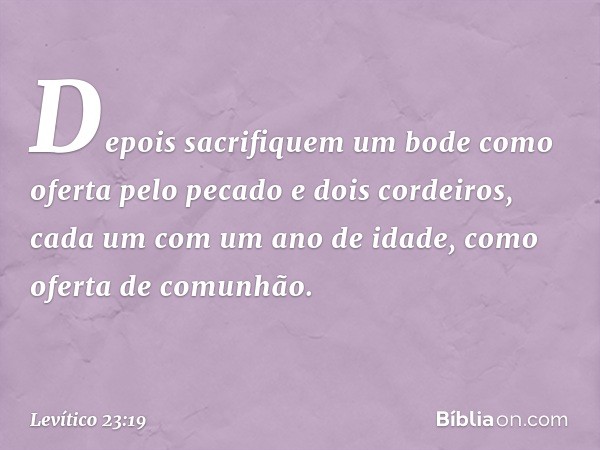 Depois sacrifiquem um bode co­mo oferta pelo pecado e dois cordeiros, cada um com um ano de idade, como oferta de co­munhão. -- Levítico 23:19