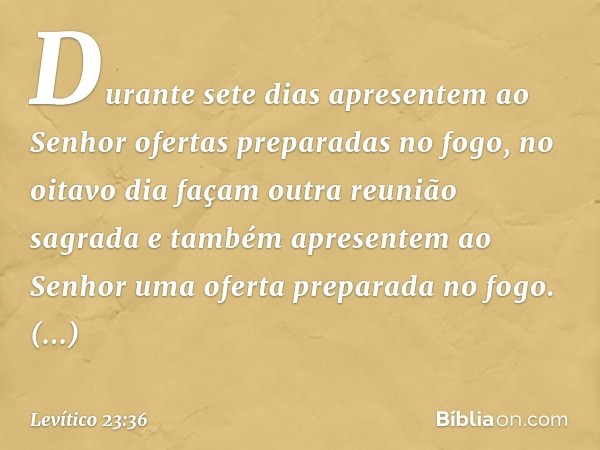 Durante sete dias apresentem ao Senhor ofertas preparadas no fogo, no oitavo dia façam outra reunião sagrada e também apre­sentem ao Senhor uma oferta preparada