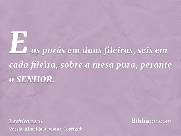 E os porás em duas fileiras, seis em cada fileira, sobre a mesa pura, perante o SENHOR.