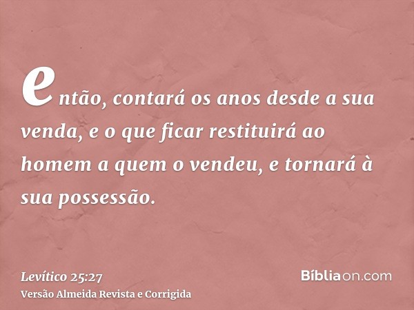 então, contará os anos desde a sua venda, e o que ficar restituirá ao homem a quem o vendeu, e tornará à sua possessão.