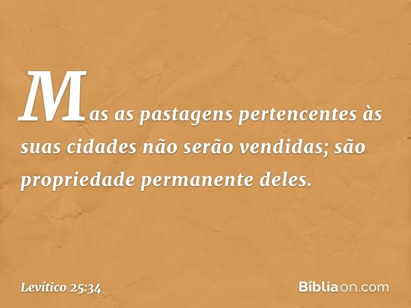 Mas as pastagens pertencentes às suas cidades não serão vendidas; são propriedade permanente deles. -- Levítico 25:34