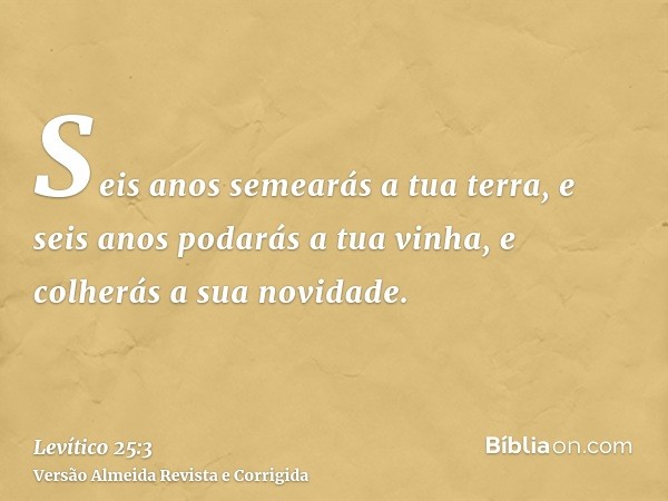 Seis anos semearás a tua terra, e seis anos podarás a tua vinha, e colherás a sua novidade.