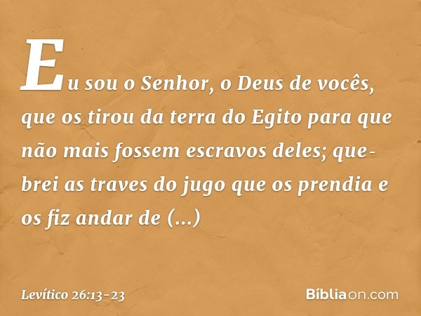 Eu sou o Senhor, o Deus de vocês, que os tirou da terra do Egito para que não mais fossem escravos deles; que­brei as traves do jugo que os prendia e os fiz and