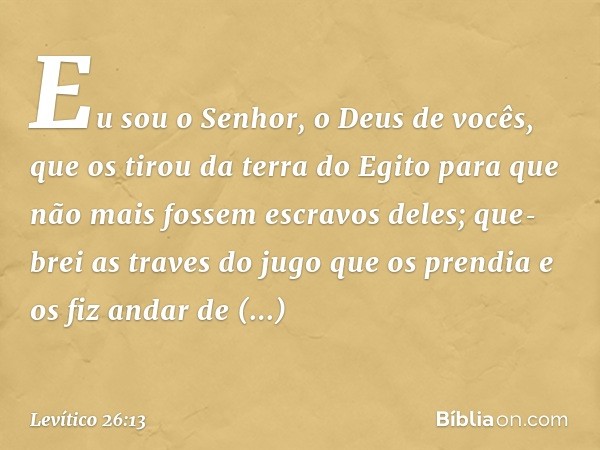 Eu sou o Senhor, o Deus de vocês, que os tirou da terra do Egito para que não mais fossem escravos deles; que­brei as traves do jugo que os prendia e os fiz and