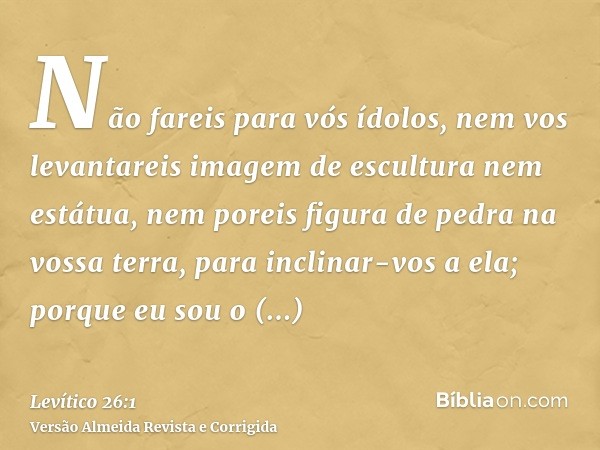 Não fareis para vós ídolos, nem vos levantareis imagem de escultura nem estátua, nem poreis figura de pedra na vossa terra, para inclinar-vos a ela; porque eu s