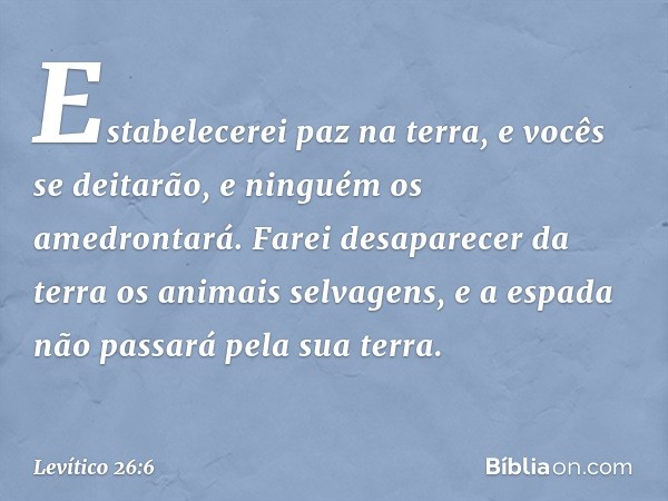 "Estabelecerei paz na terra, e vocês se deitarão, e ninguém os amedrontará. Farei desa­parecer da terra os animais selvagens, e a espa­da não passará pela sua t