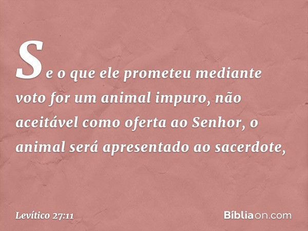 Se o que ele prome­teu mediante voto for um animal impuro, não aceitável como oferta ao Senhor, o animal será apresentado ao sacerdote, -- Levítico 27:11