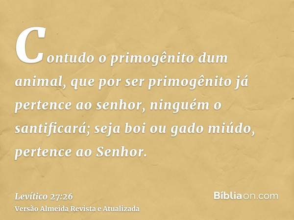 Contudo o primogênito dum animal, que por ser primogênito já pertence ao senhor, ninguém o santificará; seja boi ou gado miúdo, pertence ao Senhor.