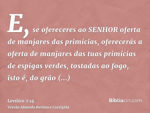 E, se ofereceres ao SENHOR oferta de manjares das primícias, oferecerás a oferta de manjares das tuas primícias de espigas verdes, tostadas ao fogo, isto é, do 