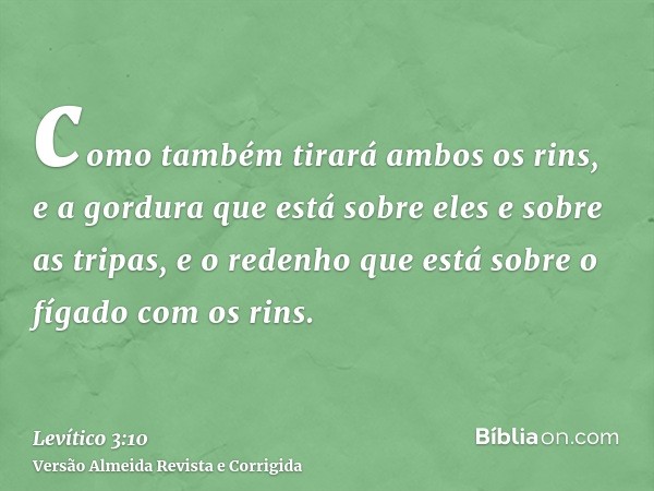 como também tirará ambos os rins, e a gordura que está sobre eles e sobre as tripas, e o redenho que está sobre o fígado com os rins.