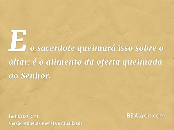 E o sacerdote queimará isso sobre o altar; é o alimento da oferta queimada ao Senhor.