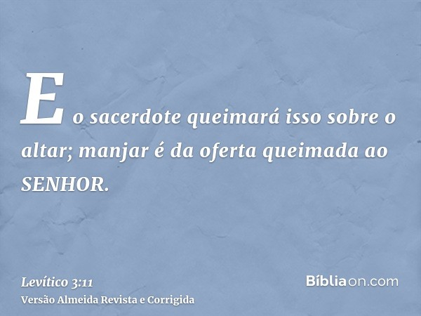 E o sacerdote queimará isso sobre o altar; manjar é da oferta queimada ao SENHOR.