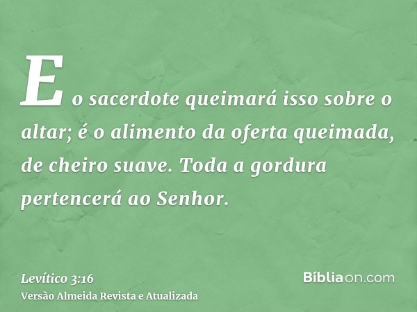 E o sacerdote queimará isso sobre o altar; é o alimento da oferta queimada, de cheiro suave. Toda a gordura pertencerá ao Senhor.