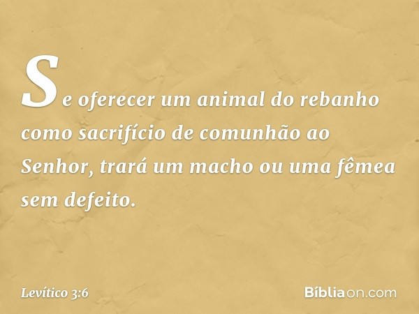 "Se oferecer um animal do rebanho como sacrifício de comunhão ao Senhor, trará um macho ou uma fêmea sem defeito. -- Levítico 3:6