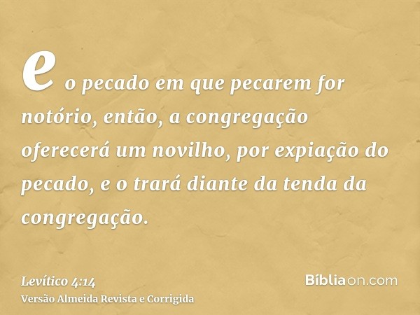 e o pecado em que pecarem for notório, então, a congregação oferecerá um novilho, por expiação do pecado, e o trará diante da tenda da congregação.