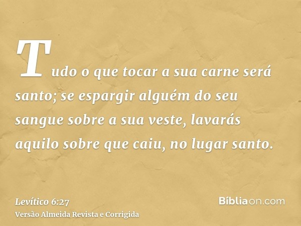 Tudo o que tocar a sua carne será santo; se espargir alguém do seu sangue sobre a sua veste, lavarás aquilo sobre que caiu, no lugar santo.