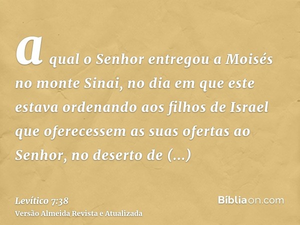 a qual o Senhor entregou a Moisés no monte Sinai, no dia em que este estava ordenando aos filhos de Israel que oferecessem as suas ofertas ao Senhor, no deserto