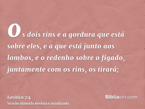 os dois rins e a gordura que está sobre eles, e a que está junto aos lombos, e o redenho sobre o fígado, juntamente com os rins, os tirará;