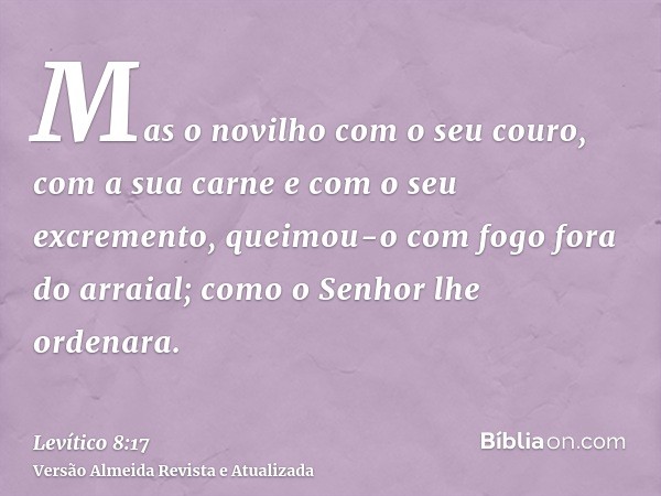 Mas o novilho com o seu couro, com a sua carne e com o seu excremento, queimou-o com fogo fora do arraial; como o Senhor lhe ordenara.